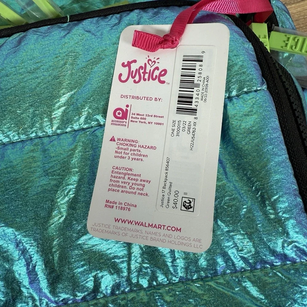 Justice‎ The Supa Puffs Backpack Green/Teal Lunchbox New